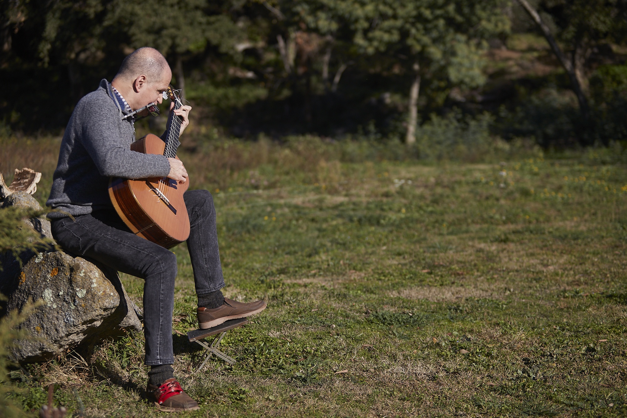Image of Martí Batalla sitting on a stone in a meadow playing the guitar and the harmonica with a forest in the background